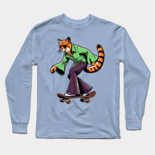Retro Cat Skateboarder - Vintage Style Illustration Long Sleeve T-Shirt